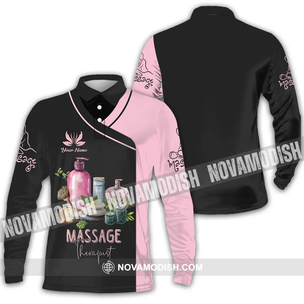 Unisex Shirt - Custom Name Massage Therapist Shirt Pink And Black Long Sleeve Polo / S T-shirt