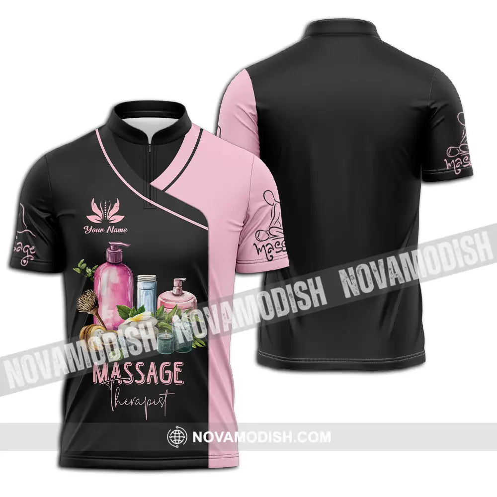 Unisex Shirt - Custom Name Massage Therapist Shirt Pink And Black Zipper Polo Shirt / S T-shirt