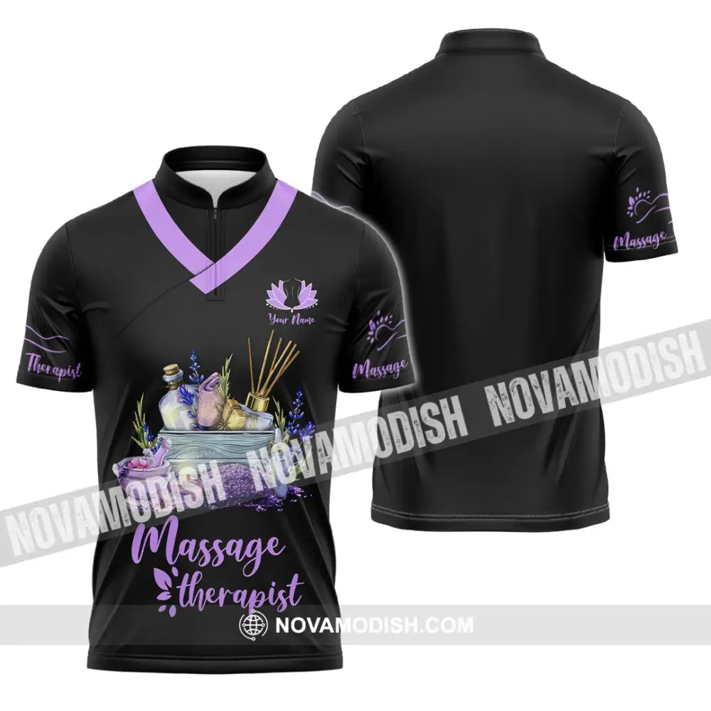 Unisex Shirt - Custom Name Massage Therapist Shirt Purple Line Zipper Polo Shirt / S T-shirt