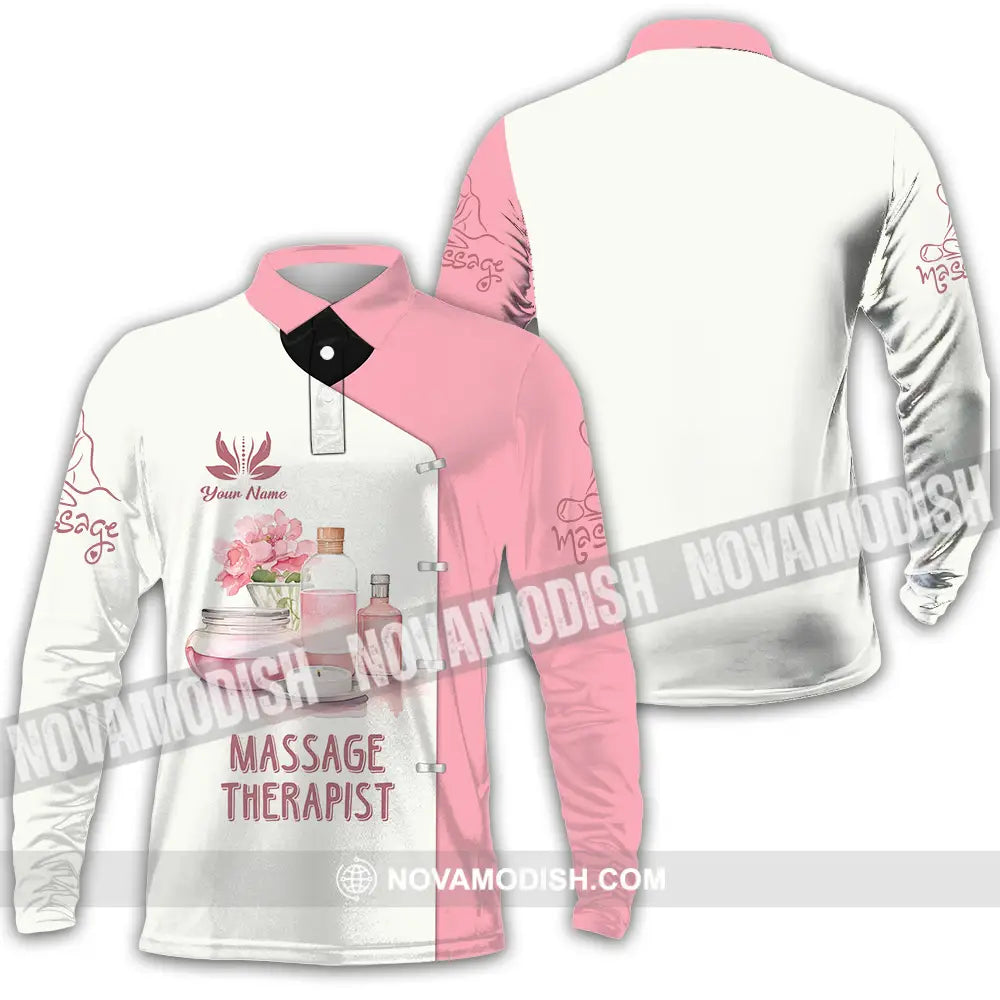 Unisex Shirt - Custom Name Massage Therapist Shirt White And Light Pink Long Sleeve Polo / S T-shirt