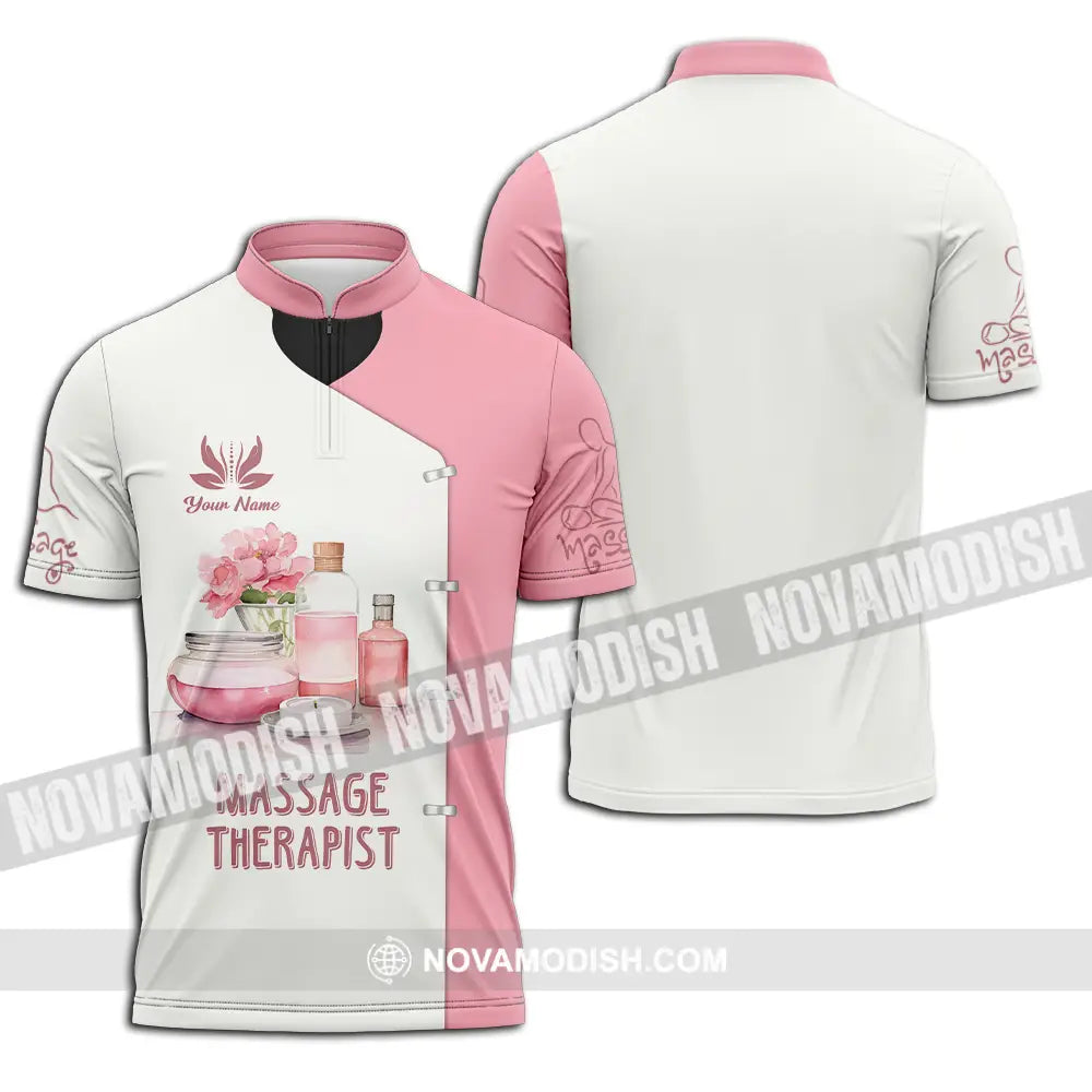 Unisex Shirt - Custom Name Massage Therapist Shirt White And Light Pink Zipper Polo Shirt / S T-shirt