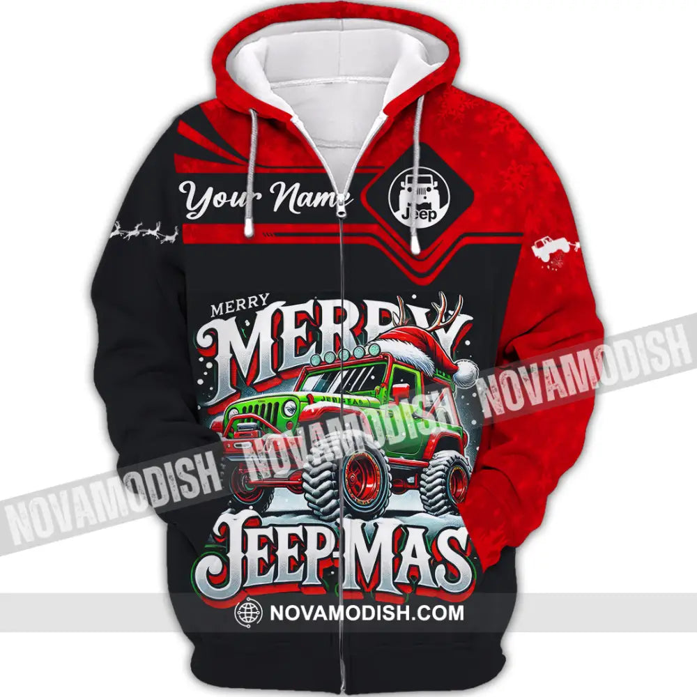 Unisex Shirt Custom Name Merry Jeepmas Christmas Polo Long Sleeve Gift For Jeep Lover Zipper Hoodie