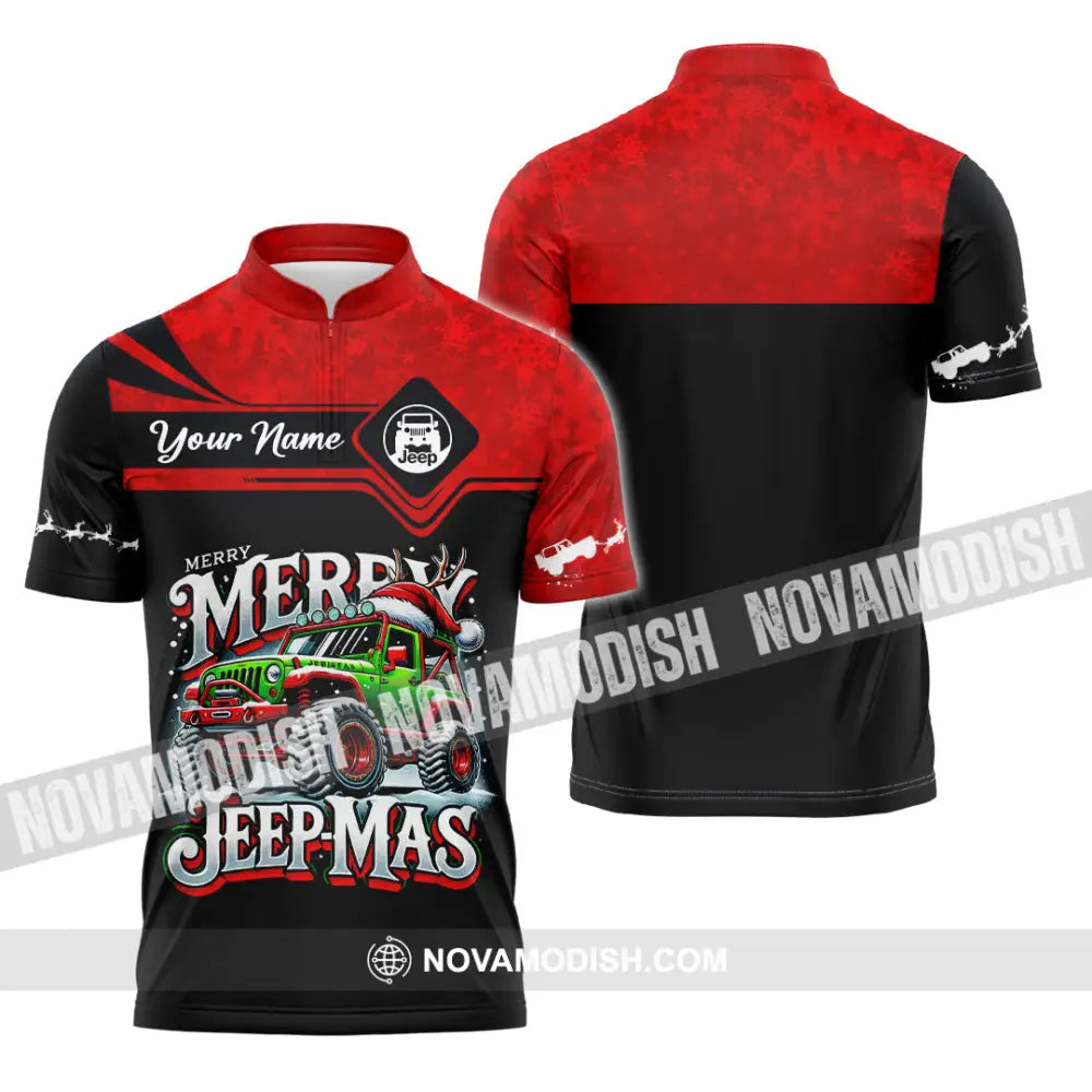 Unisex Shirt Custom Name Merry Jeepmas Christmas Polo Long Sleeve Gift For Jeep Lover Zipper / S