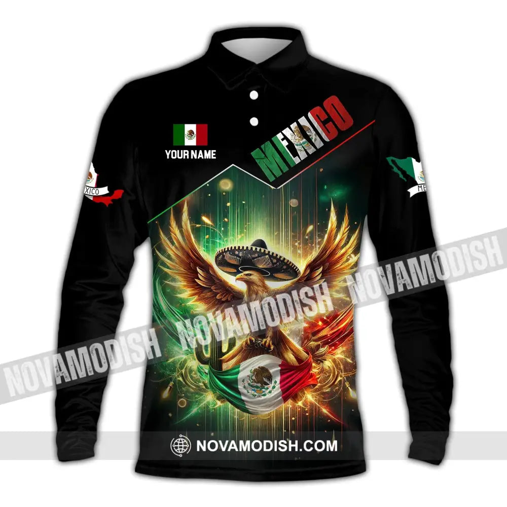 Unisex Shirt - Custom Name Mexico Flag And Icon Long Sleeve Polo / S T-Shirt