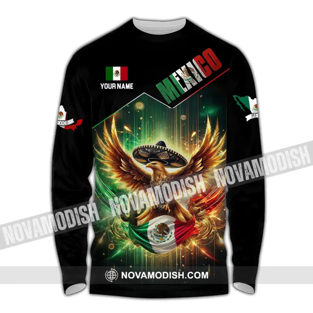 Unisex Shirt - Custom Name Mexico Flag And Icon Long Sleeve / S T-Shirt