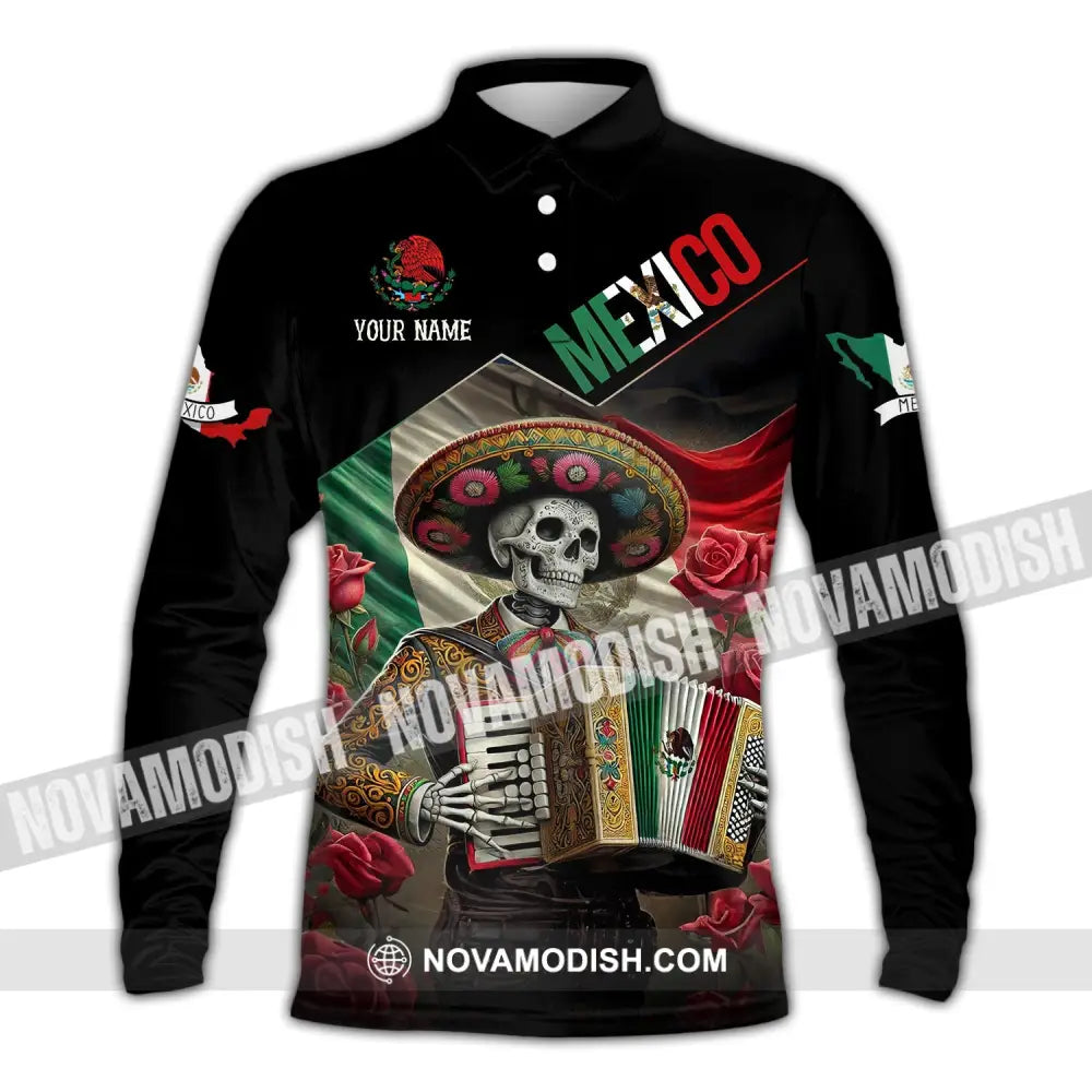 Unisex Shirt - Custom Name Mexico Skull Long Sleeve Polo / S T-Shirt