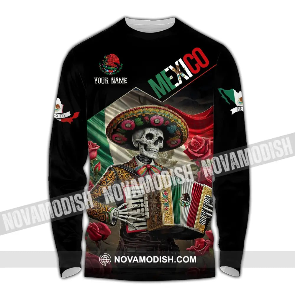 Unisex Shirt - Custom Name Mexico Skull Long Sleeve / S T-Shirt