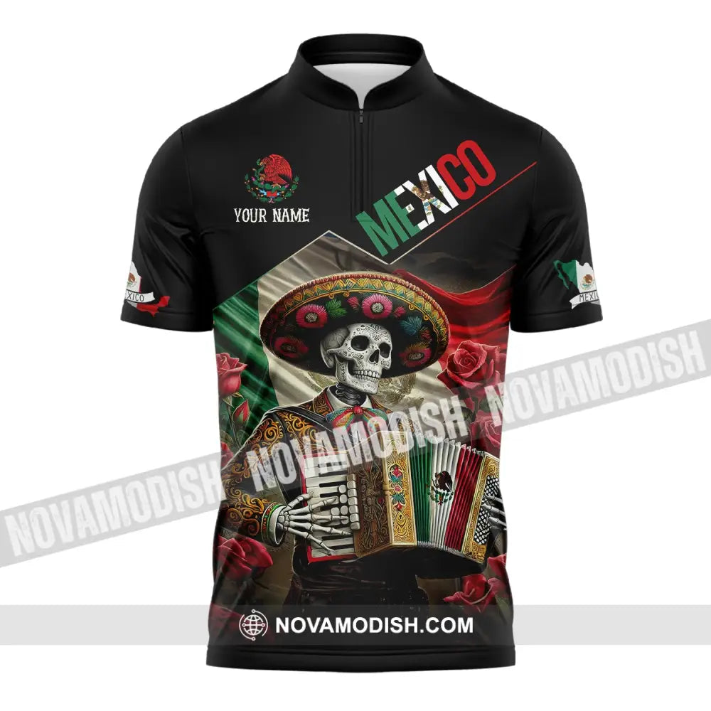 Unisex Shirt - Custom Name Mexico Skull Zipper Polo / S T-Shirt