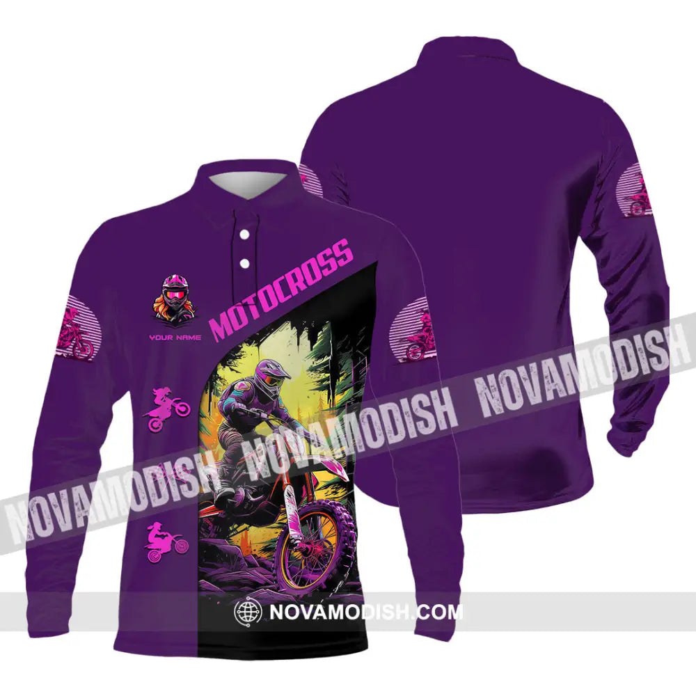 Unisex Shirt - Custom Name Motocross Sport Shirt Purple Long Sleeve Polo / S T-shirt