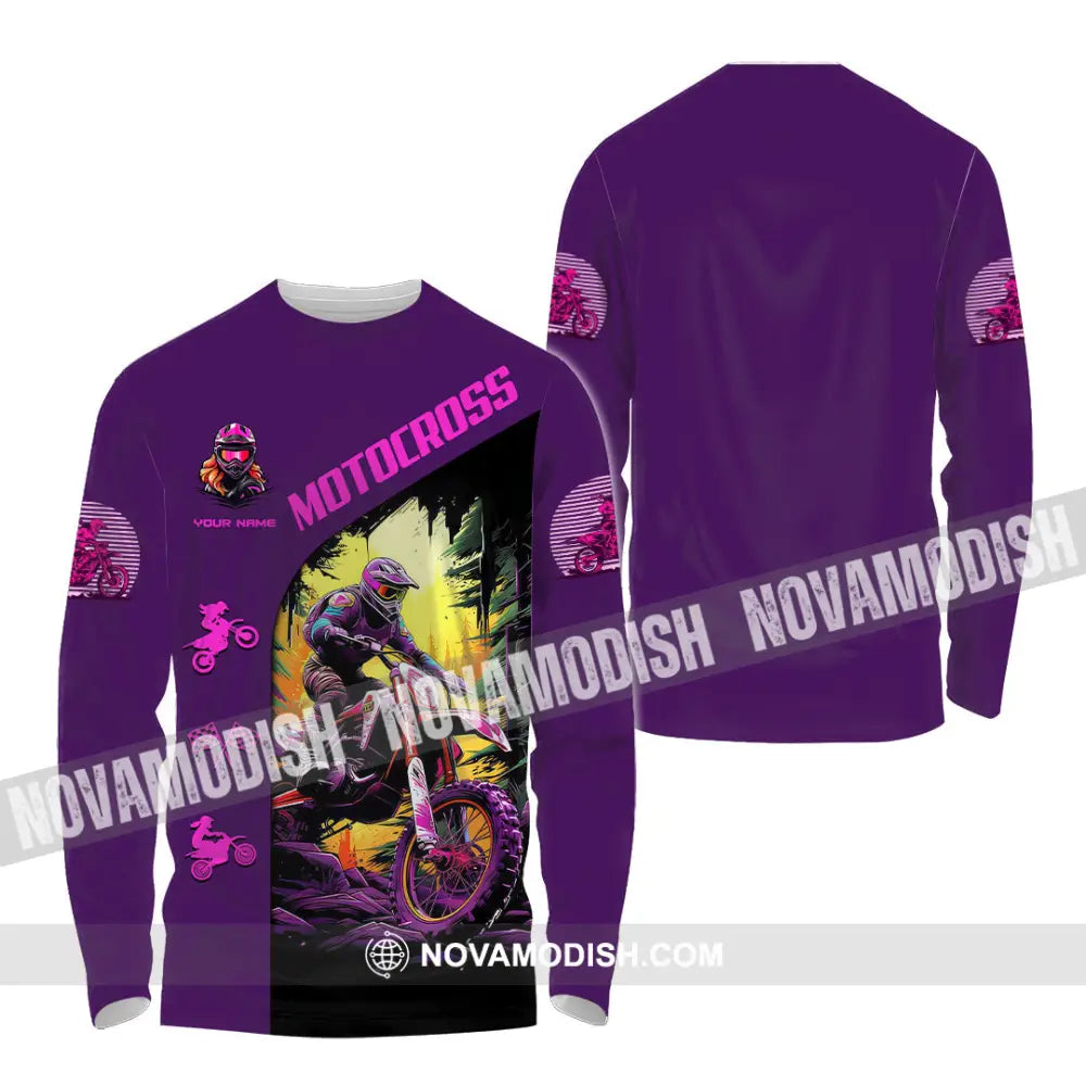 Unisex Shirt - Custom Name Motocross Sport Shirt Purple Long Sleeve Shirt / S T-shirt