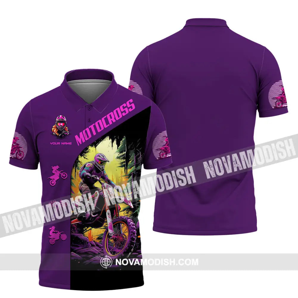 Unisex Shirt - Custom Name Motocross Sport Shirt Purple Polo Shirt / S T-shirt