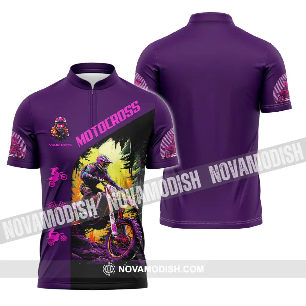 Unisex Shirt - Custom Name Motocross Sport Shirt Purple Zipper Polo Shirt / S T-shirt
