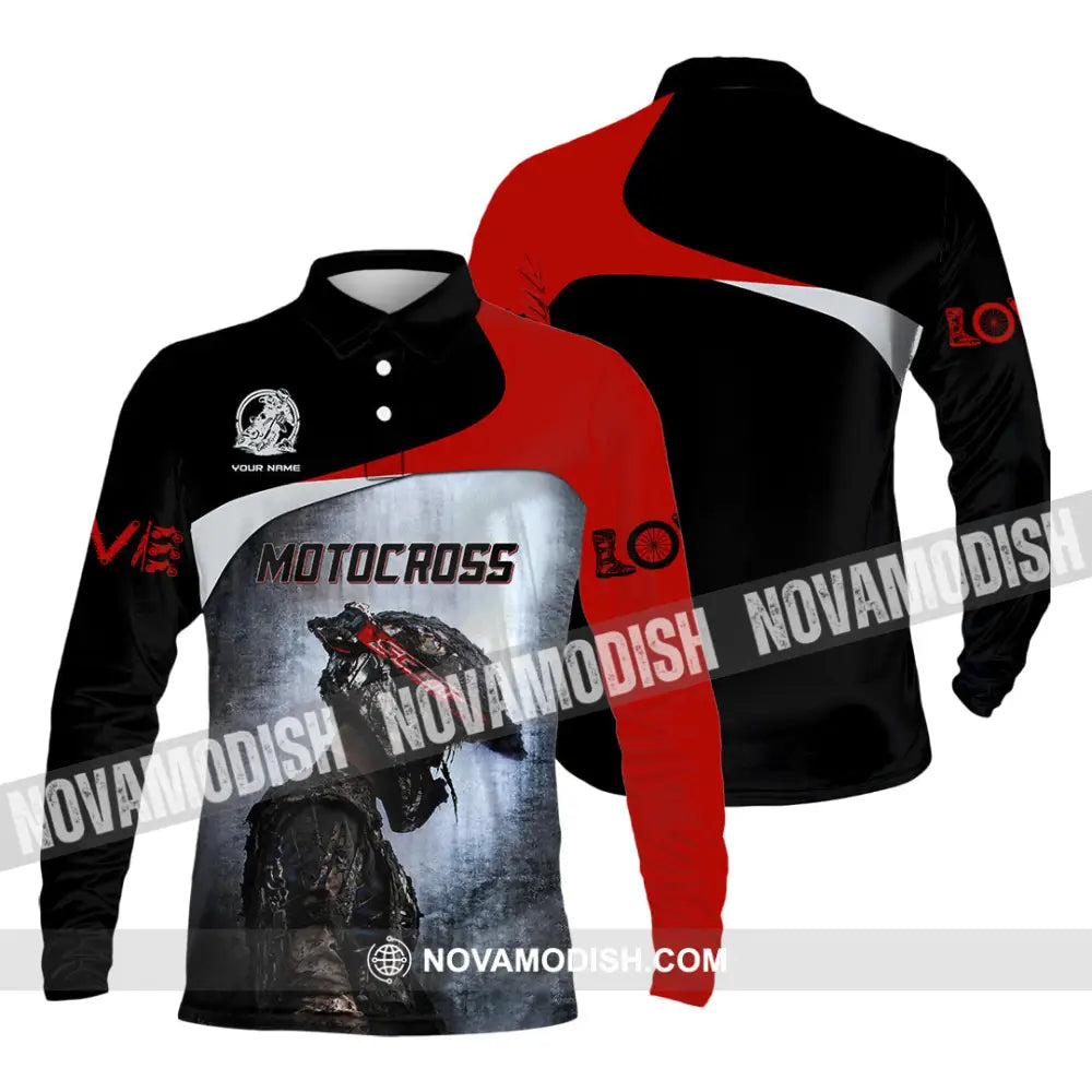 Unisex Shirt - Custom Name Motocross Sport Shirt Sporty Human Long Sleeve Polo / S T-shirt