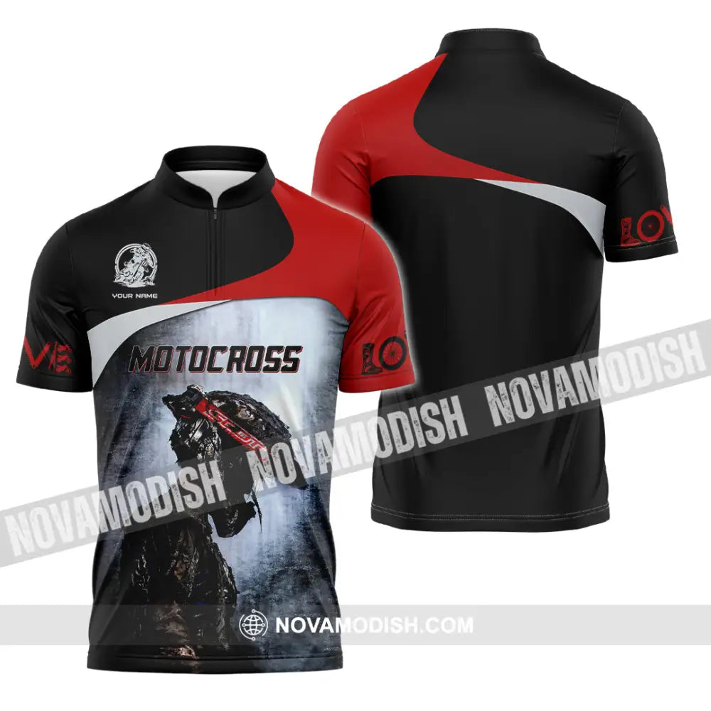 Unisex Shirt - Custom Name Motocross Sport Shirt Sporty Human Zipper Polo Shirt / S T-shirt