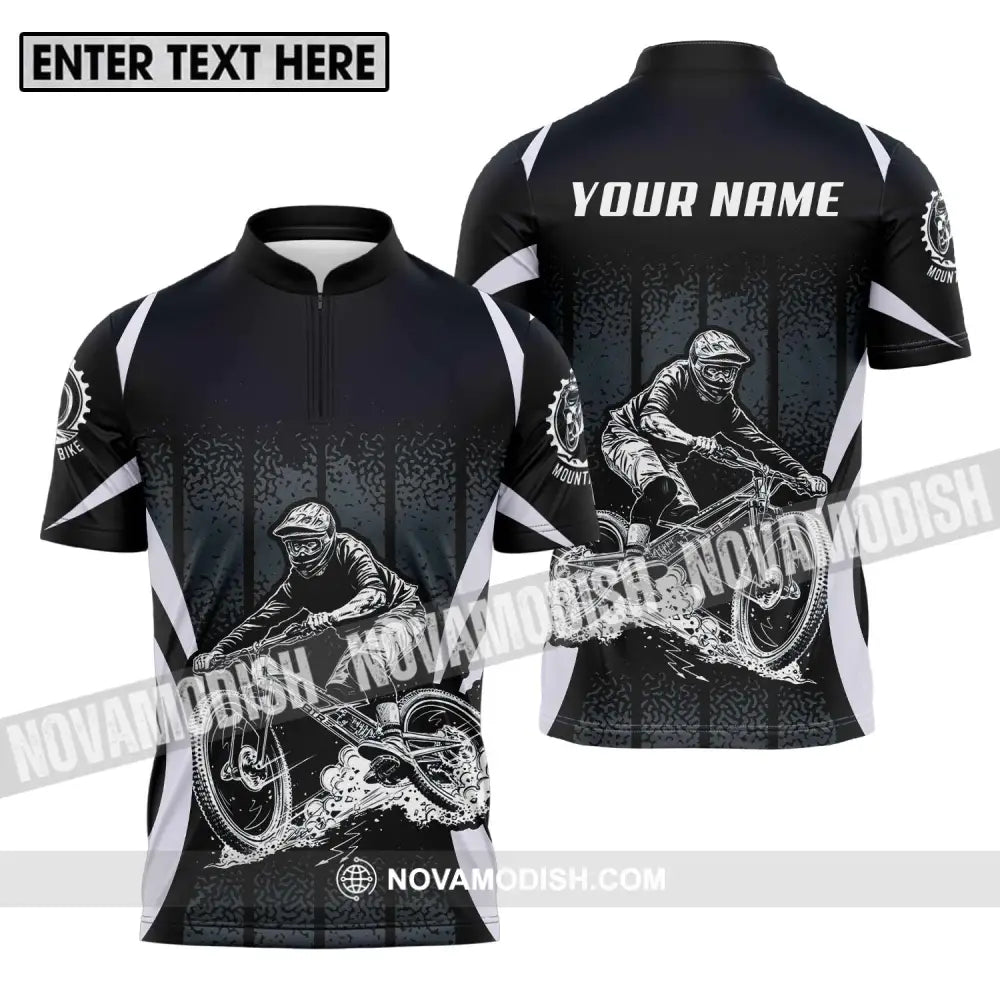 Unisex Shirt - Custom Name Mountain Bike Shirt Black Biker Zipper Polo Shirt / S T-shirt
