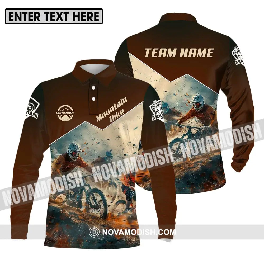 Unisex Shirt - Custom Name Mountain Bike Shirt Brown Biker Long Sleeve Polo / S T-shirt