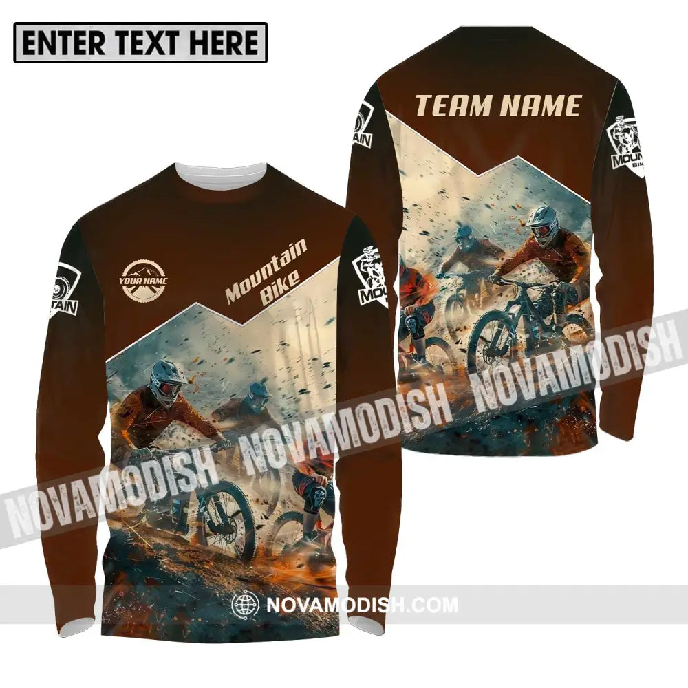 Unisex Shirt - Custom Name Mountain Bike Shirt Brown Biker Long Sleeve Shirt / S T-shirt