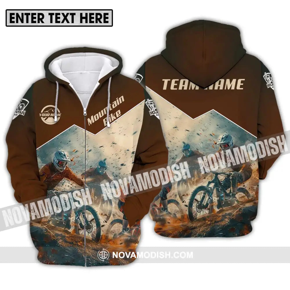 Unisex Shirt - Custom Name Mountain Bike Shirt Brown Biker Zipper Hoodie / S T-shirt
