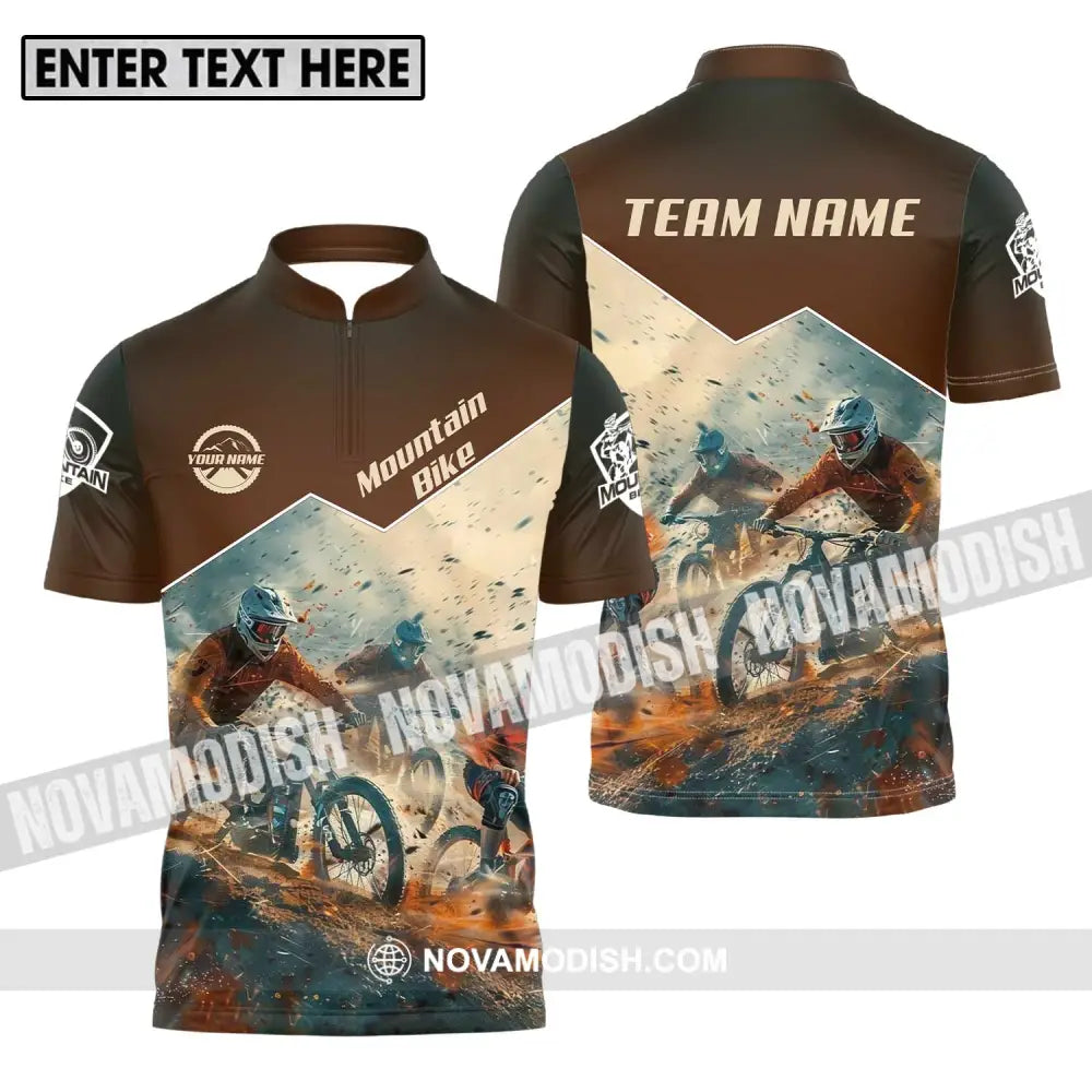 Unisex Shirt - Custom Name Mountain Bike Shirt Brown Biker Zipper Polo Shirt / S T-shirt