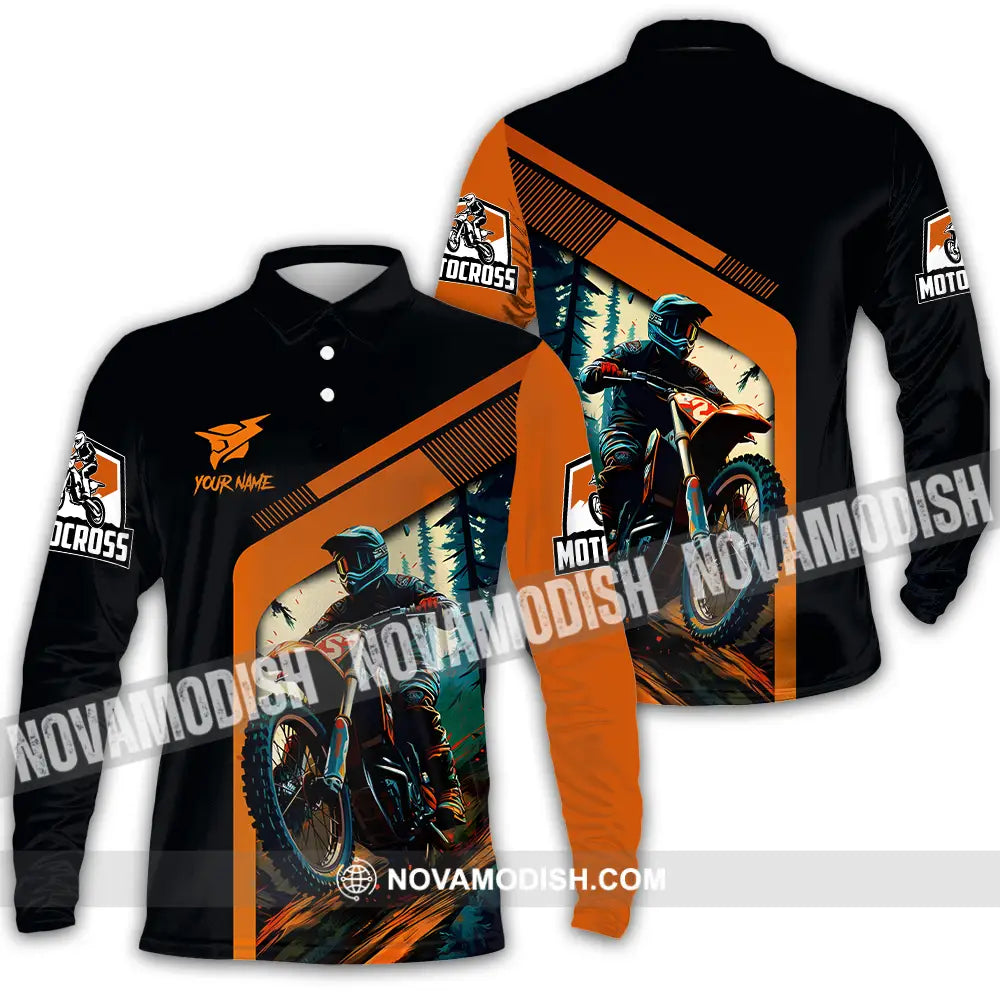 Unisex Shirt - Custom Name Mountain Bike Shirt For Player Black Orange Long Sleeve Polo / S T-shirt