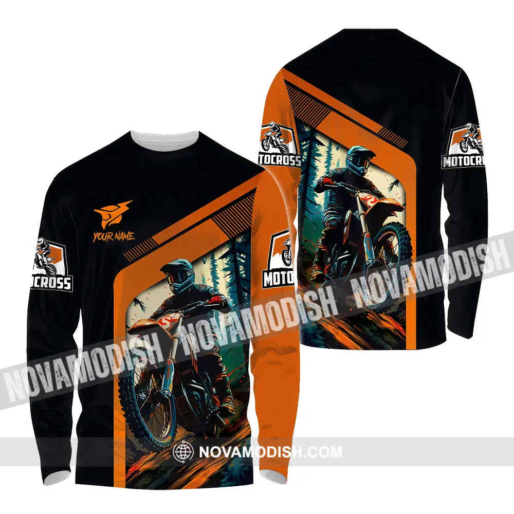 Unisex Shirt - Custom Name Mountain Bike Shirt For Player Black Orange Long Sleeve Shirt / S T-shirt