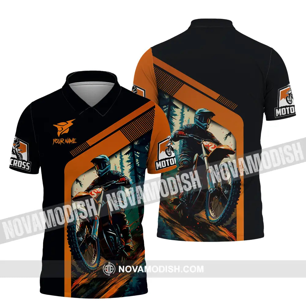 Unisex Shirt - Custom Name Mountain Bike Shirt For Player Black Orange Polo Shirt / S T-shirt