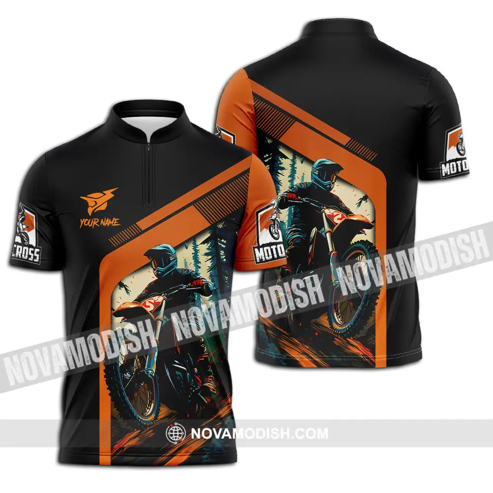 Unisex Shirt - Custom Name Mountain Bike Shirt For Player Black Orange Zipper Polo Shirt / S T-shirt