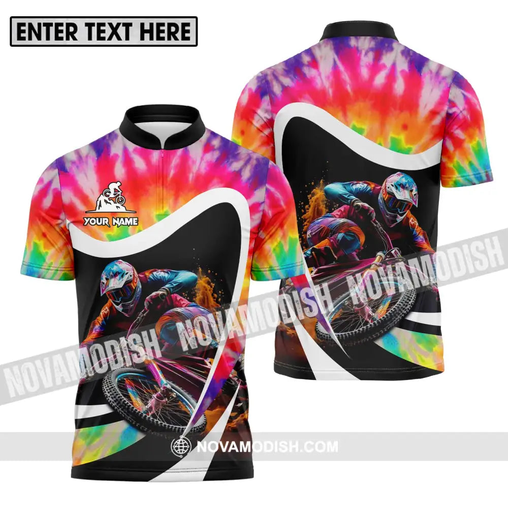Unisex Shirt - Custom Name Mountain Bike Shirt For Player Colourful Zipper Polo Shirt / S T-shirt