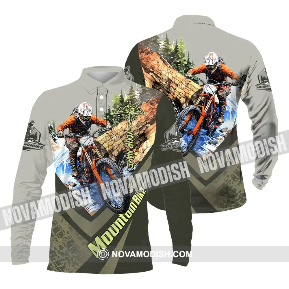 Unisex Shirt - Custom Name Mountain Bike Shirt For Player Forest Icon Long Sleeve Polo / S T-shirt