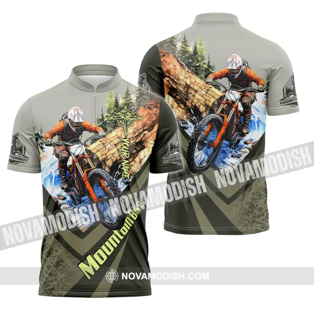 Unisex Shirt - Custom Name Mountain Bike Shirt For Player Forest Icon Zipper Polo Shirt / S T-shirt