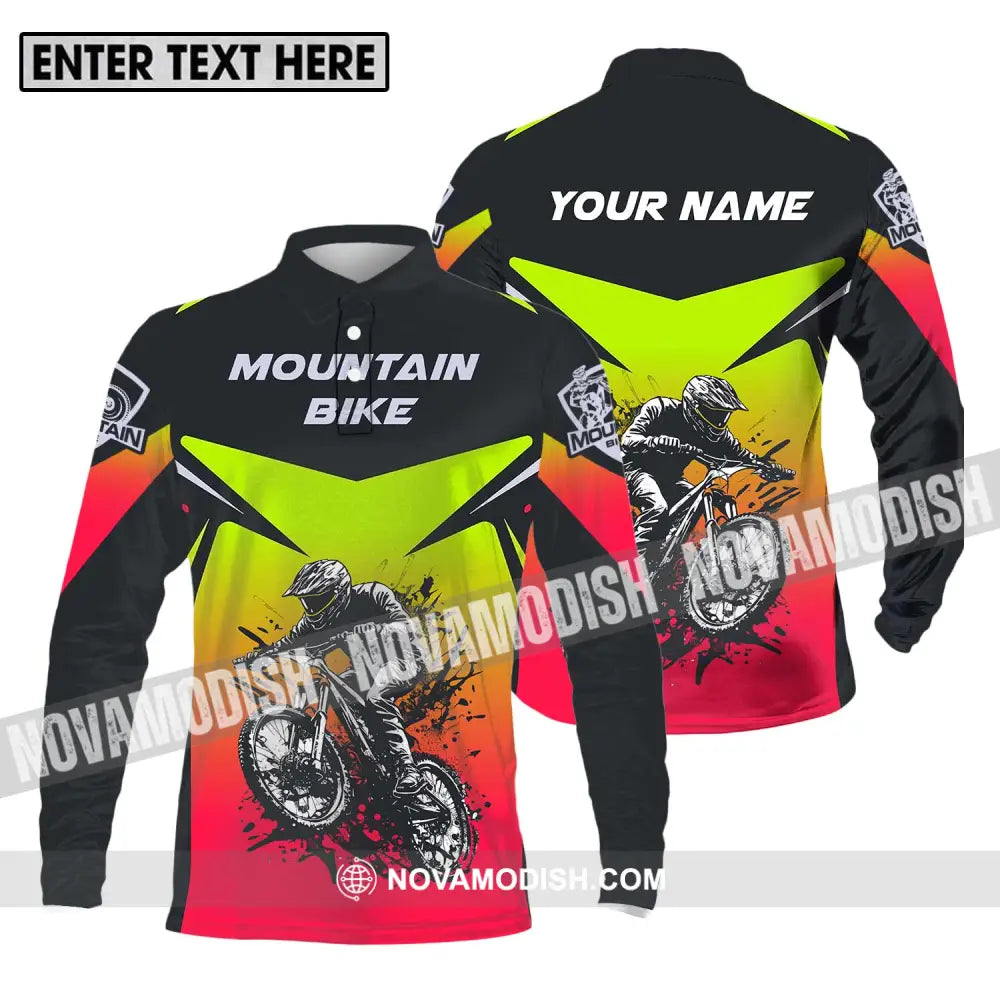Unisex Shirt - Custom Name Mountain Bike Shirt For Player Three Color Long Sleeve Polo / S T-shirt