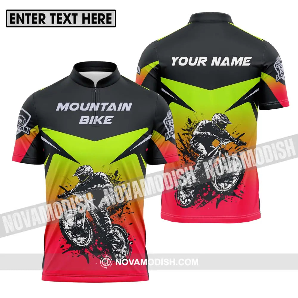 Unisex Shirt - Custom Name Mountain Bike Shirt For Player Three Color Zipper Polo Shirt / S T-shirt