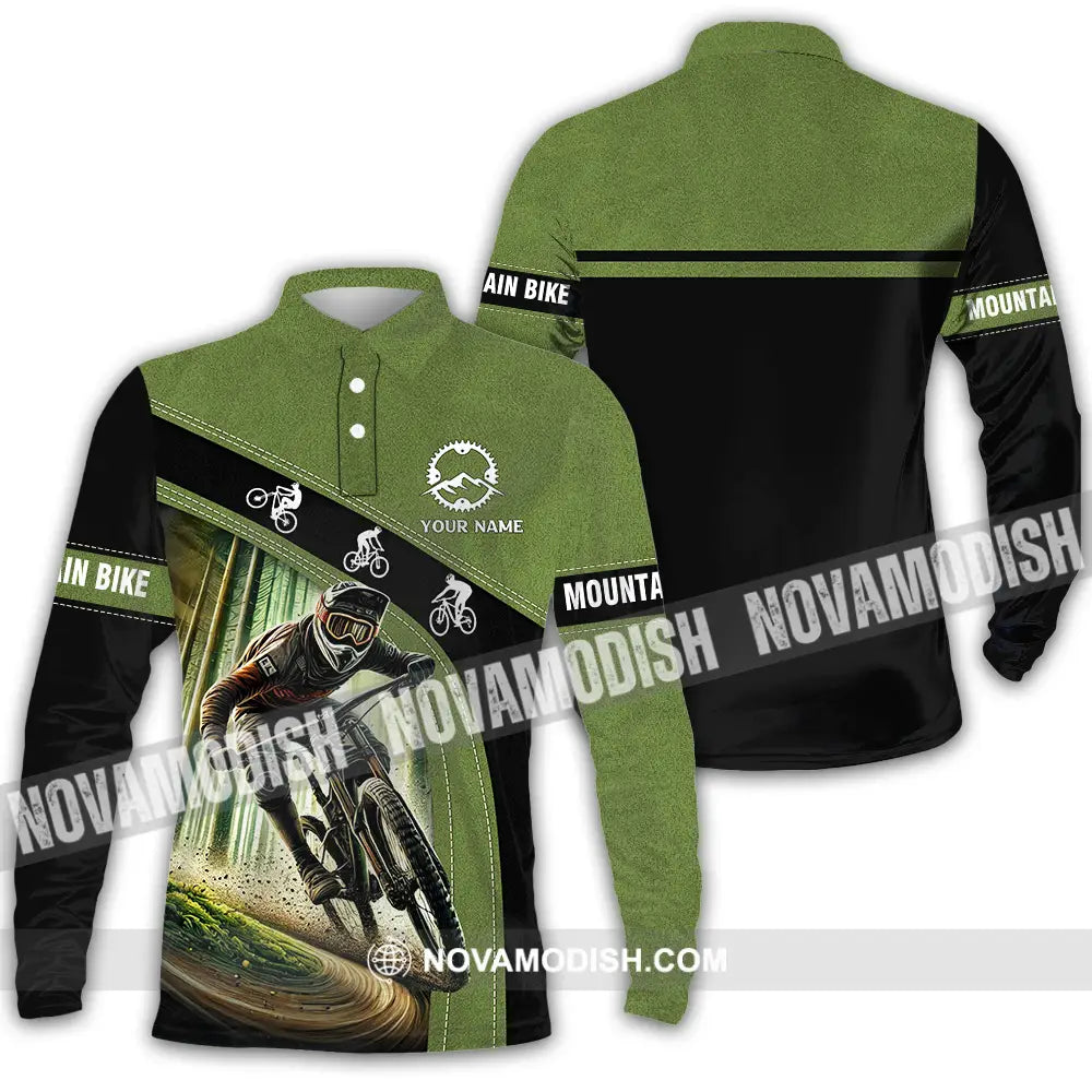 Unisex Shirt - Custom Name Mountain Bike Shirt Forest Mountain Bike Player Long Sleeve Polo / S T-shirt