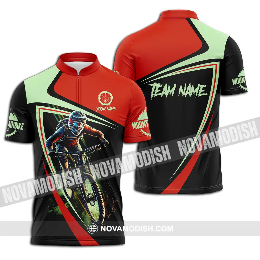 Unisex Shirt - Custom Name Mountain Bike Sport Shirt Biker Zipper Polo Shirt / S T-shirt