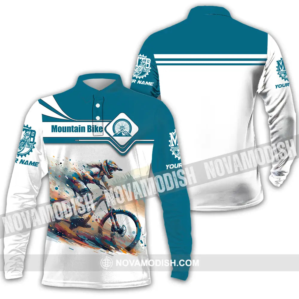 Unisex Shirt - Custom Name Mountain Bike Sport Shirt Blue And White Biker Long Sleeve Polo / S T-shirt