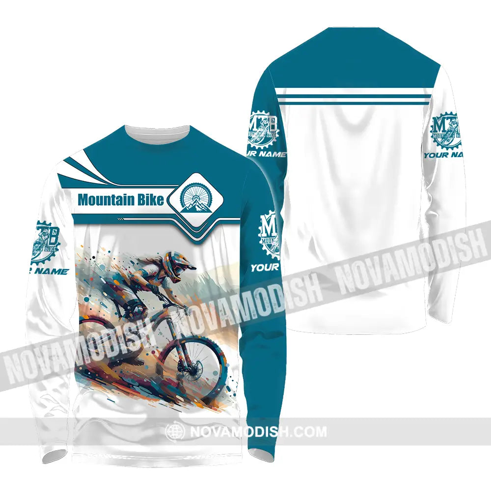 Unisex Shirt - Custom Name Mountain Bike Sport Shirt Blue And White Biker Long Sleeve Shirt / S T-shirt