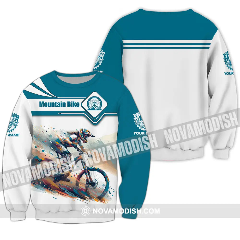 Unisex Shirt - Custom Name Mountain Bike Sport Shirt Blue And White Biker Long Sleeve / S T-shirt