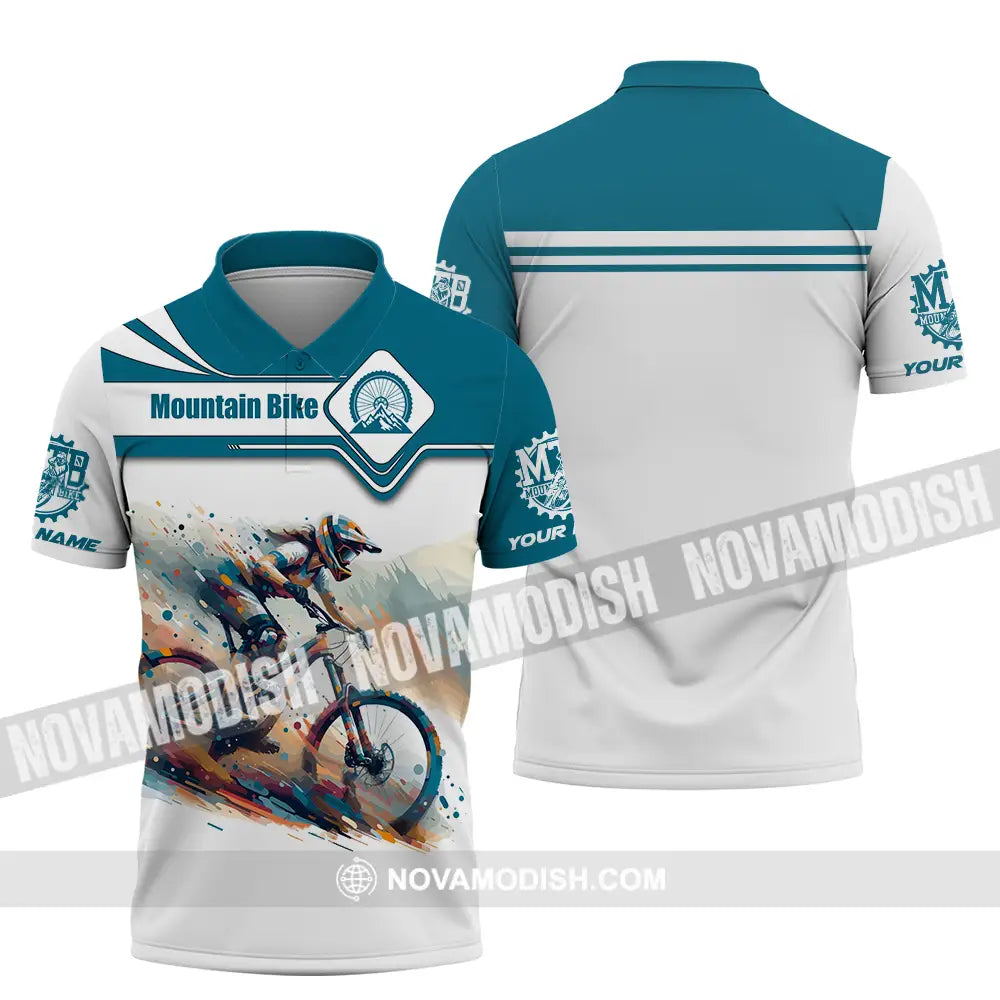 Unisex Shirt - Custom Name Mountain Bike Sport Shirt Blue And White Biker Polo Shirt / S T-shirt