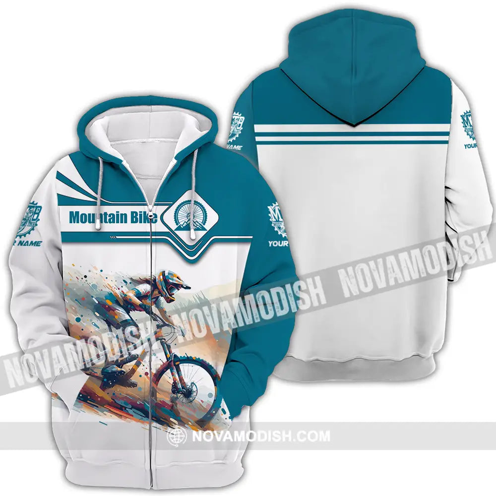 Unisex Shirt - Custom Name Mountain Bike Sport Shirt Blue And White Biker Zipper Hoodie / S T-shirt