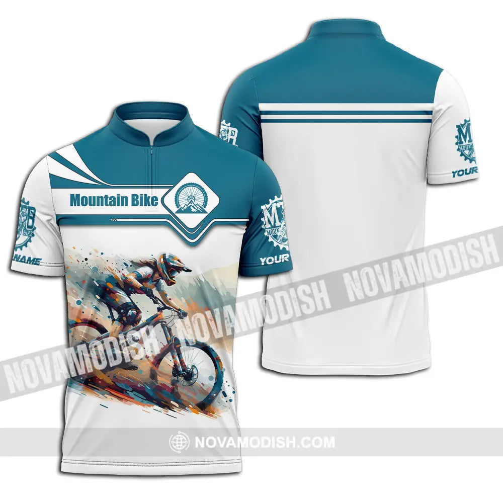 Unisex Shirt - Custom Name Mountain Bike Sport Shirt Blue And White Biker Zipper Polo Shirt / S T-shirt
