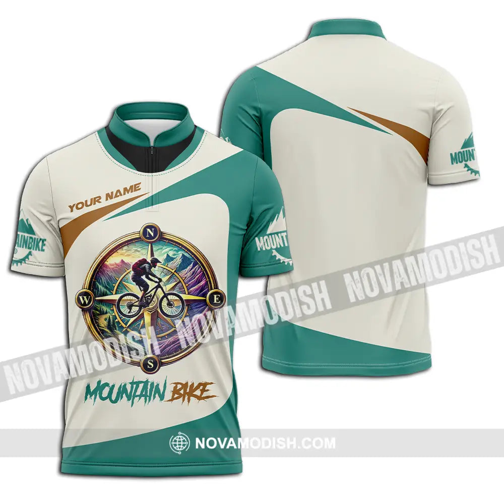 Unisex Shirt - Custom Name Mountain Bike Sport Shirt Compass Biker Zipper Polo Shirt / S T-shirt