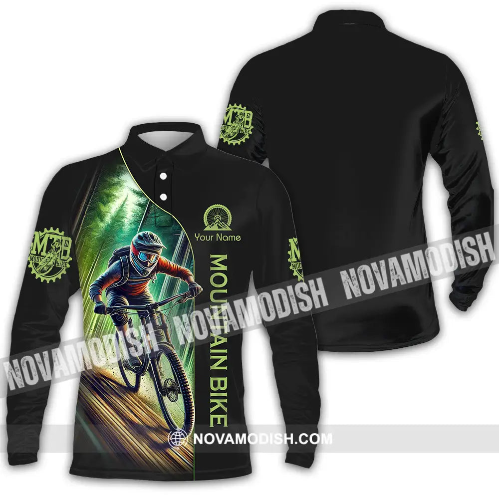 Unisex Shirt - Custom Name Mountain Bike Sport Shirt Forest And Black Biker Long Sleeve Polo / S T-shirt