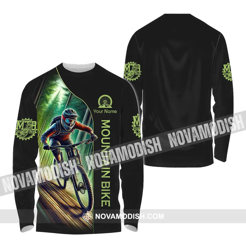 Unisex Shirt - Custom Name Mountain Bike Sport Shirt Forest And Black Biker Long Sleeve Shirt / S T-shirt