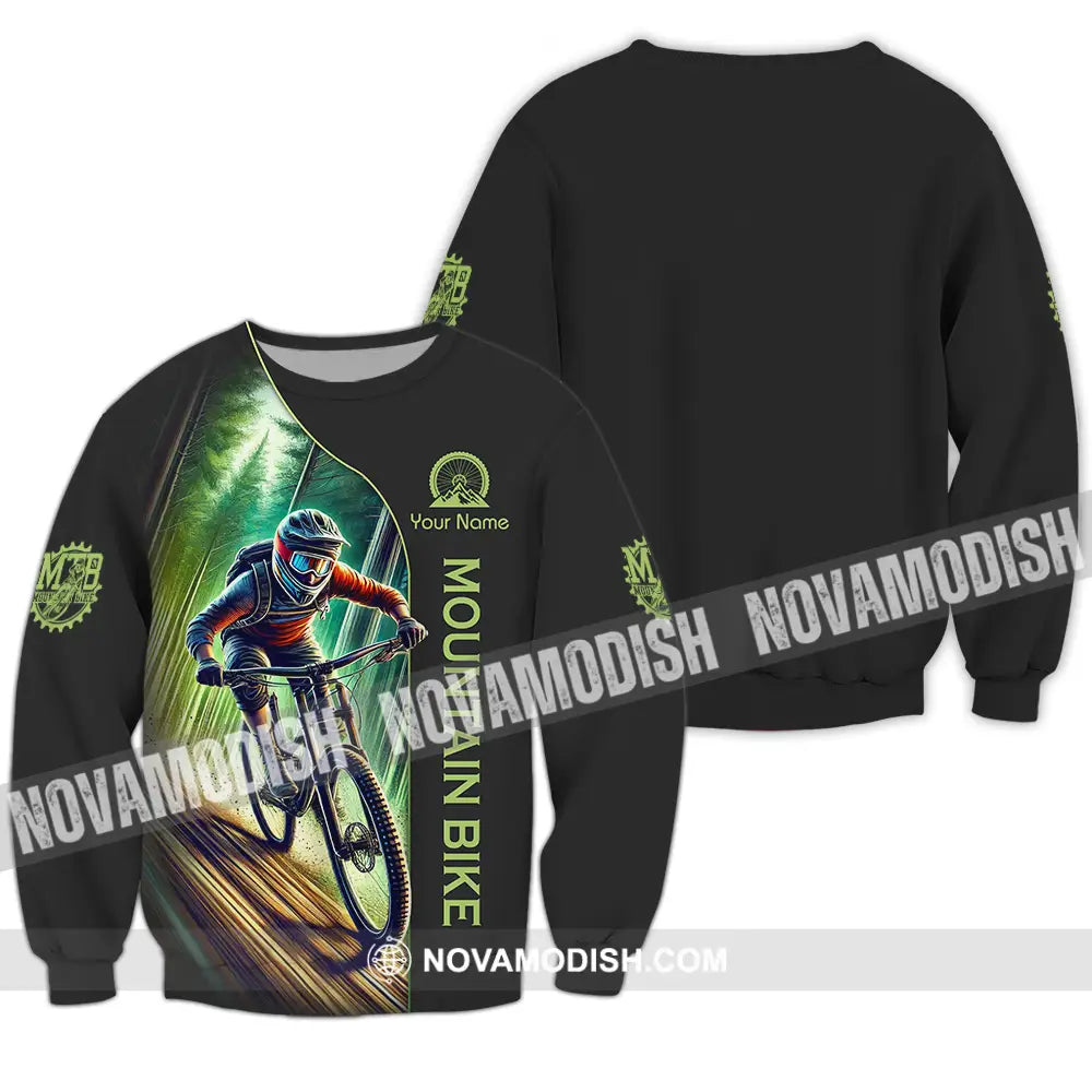 Unisex Shirt - Custom Name Mountain Bike Sport Shirt Forest And Black Biker Long Sleeve / S T-shirt