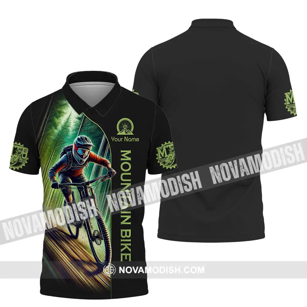 Unisex Shirt - Custom Name Mountain Bike Sport Shirt Forest And Black Biker Polo Shirt / S T-shirt