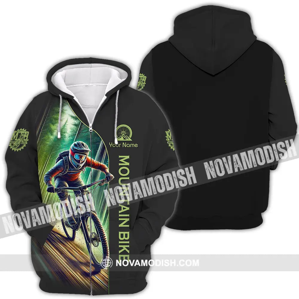 Unisex Shirt - Custom Name Mountain Bike Sport Shirt Forest And Black Biker Zipper Hoodie / S T-shirt
