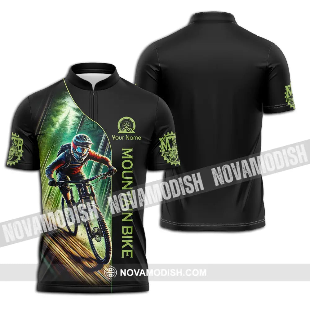 Unisex Shirt - Custom Name Mountain Bike Sport Shirt Forest And Black Biker Zipper Polo Shirt / S T-shirt