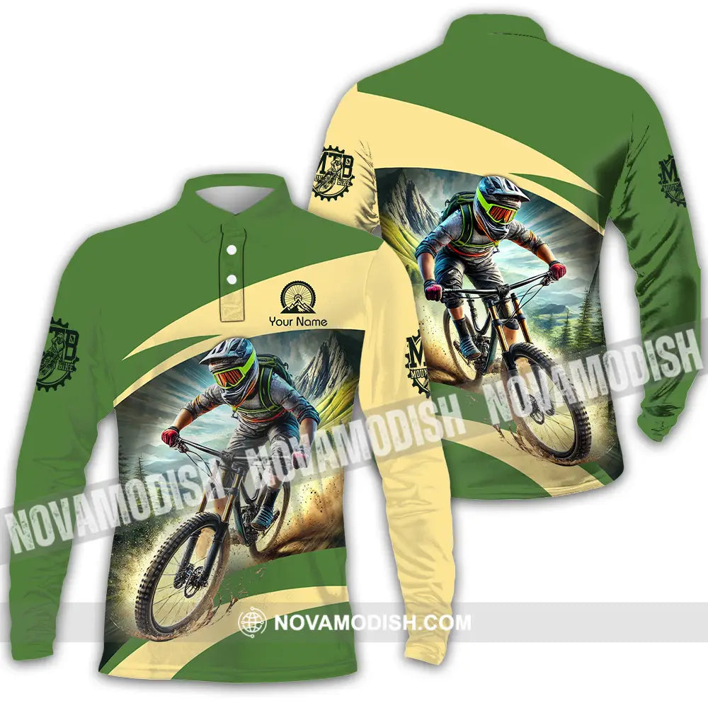 Unisex Shirt - Custom Name Mountain Bike Sport Shirt Green Biker Long Sleeve Polo / S T-shirt