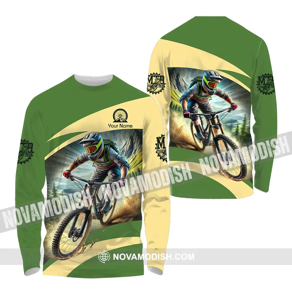 Unisex Shirt - Custom Name Mountain Bike Sport Shirt Green Biker Long Sleeve Shirt / S T-shirt