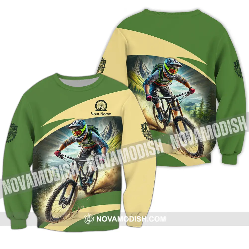 Unisex Shirt - Custom Name Mountain Bike Sport Shirt Green Biker Long Sleeve / S T-shirt
